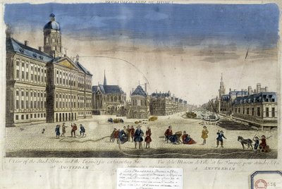 Pierwsze pompy strażackie przed ratuszem w Amsterdamie - widok optyczny autorstwa Unknown artist