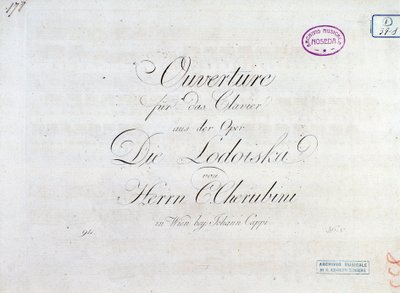 Pierwsza strona partytury uwertury na pianoforte z opery „Lodoiska” Luigiego Cherubiniego autorstwa Unknown artist