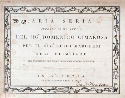 Pierwsza strona partytury Aria Seria Domenico Cimarosa autorstwa Unknown artist