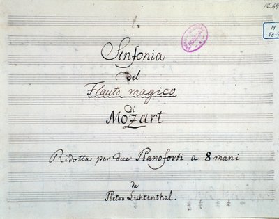 Pierwsza strona partytury symfonicznej zredukowana do dwóch fortepianów i ośmiu rąk Czarodziejskiego fletu, opera Mozarta, wersja Lichtenthala (XIX w.) autorstwa Unknown artist