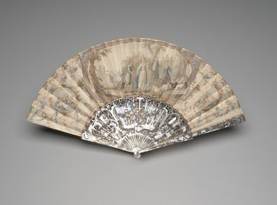 Składany wachlarz z Jakubem spotykającym Rachel przy studni, ok. 1760-70 (gwasz i akwarela na pojedynczym liściu pergaminowym, masa perłowa, złocenie i wklejanie klejnotów) autorstwa Unknown artist