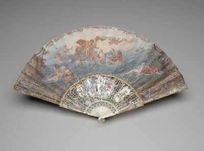Wachlarz składany "Zachód słońca", wg François Bouchera, po 1753 (gwasz i w/c na pojedynczym liściu welinu, kość słoniowa, złocenia, gwasz, masa perłowa i pasty) autorstwa Unknown artist