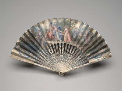 Wachlarz składany o klasycznym motywie, prawdopodobnie alegoria małżeństwa, ok. 1750-60 (gwasz na pojedynczym liściu welinu, kość słoniowa, złocenia, gwasz i mosiądz) autorstwa Unknown artist