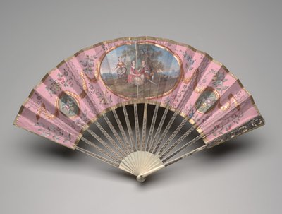 Składany wachlarz ze sceną pasterską na ziemi "domino", ok. 1770-80 (gwasz i akwarela na podwójnym liściu papieru, kość słoniowa, złocenia, masa perłowa i klejnoty wklejane) autorstwa Unknown artist