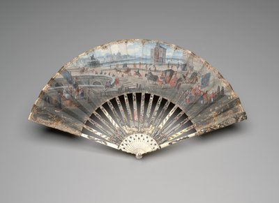 Składany wachlarz z widokiem na Pont Neuf, ok. 1755-60 (gwasz i akwarela na podwójnym liściu welinu, kości słoniowej, złocenia, gwasz, masa perłowa i pasty) autorstwa Unknown artist