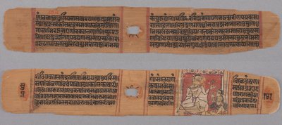 Folio 141, z Kalpa-sutry i opowieści o Kalakaczarji: Tekst (recto); Mnich trzymający kwiat czczony przez świeckiego ucznia (verso) autorstwa Unknown artist