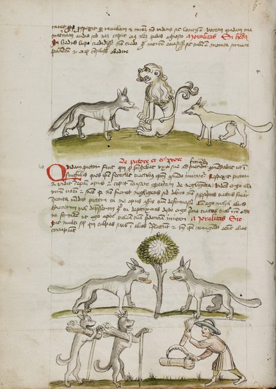 Lis i wilk przed lwem; Dwa wilki pod drzewem ciągnące bele pszenicy; Rolnik wiążący snopy pszenicy autorstwa Unknown artist