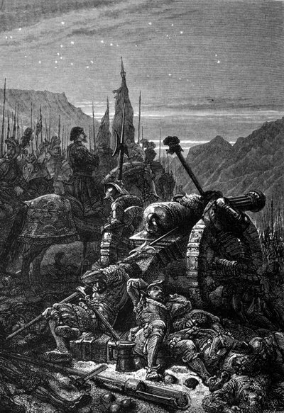 Franciszek I (1494 - 1547) pozostał w siodle na noc przed bitwą pod Marignan, wrzesień 1515. Rycina z XIX wieku. autorstwa Unknown artist