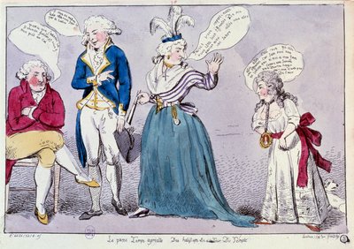 Rewolucja Francuska: Karykatura przeciwko rodzinie królowej Marii Antoniny (1755-1793) i Ludwika XVI zamkniętej w więzieniu Temple. Królowa i siostra króla Madame Elżbieta kłócą się pod okiem szczątków króla. Ich słowa są napisane w bąbelkach autorstwa Unknown artist