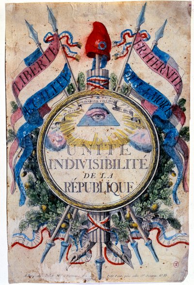 Rewolucja Francuska: „”Liberte, egalite, braterstwo lub śmierć. Zjednocz niepodzielność republiki”, symbole rewolucyjne autorstwa Unknown artist