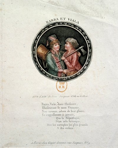 Rewolucja Francuska: reprezentacja Barry i Viali. Joseph Agricol Viala (1780-1793) i Joseph Bara (1780-1793), bohaterowie Rewolucji Francuskiej, którzy walczyli odpowiednio w Marsylii i Vendee dla Republiki. Grawerowanie XVIII wieku autorstwa Unknown artist