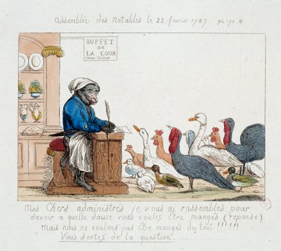 Rewolucja Francuska: „” the Assembllee des notables du 22 lutego 1787”” Karykatura przedstawiająca króla Ludwika XVI w małpim kucharzu, który przewodniczy zgromadzeniu złożonemu z indyków, kur, gęsi i indyków. Rysunek z XVIII wieku. Paryskie Muzeum Carnava autorstwa Unknown artist