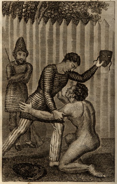 Piątek zostaje rzucony w ramiona Robinsona Crusoe, grawer zamieszczony w „Les aventures de Robinson Crusoe” Daniela Defoe autorstwa Unknown artist