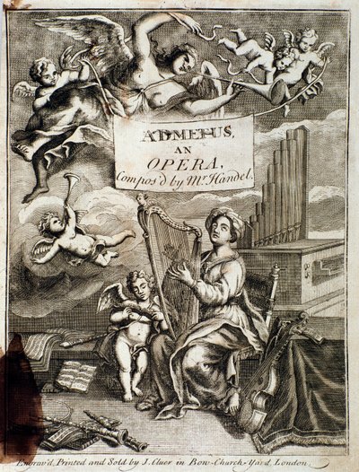 Strona tytułowa Admetusa”” opery skomponowanej przez Georga Friedricha Haendla (lub Haendla) (1685-1759)”” Grawerowanie. 18 wiek. Bolonia, civico museo musico autorstwa Unknown artist