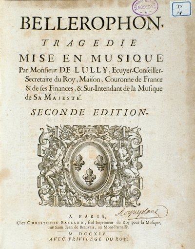 Frontyspis „” Bellerophon „” Tragedia Lyrique w pięciu aktach z prologiem Jeana Baptiste Lully (Giovanni Battista Lulli) (Jean-Baptiste) (1632-1687). 1714. autorstwa Unknown artist