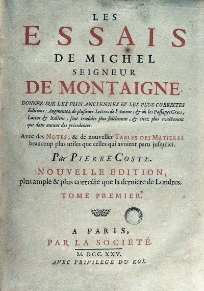 Frontyspis „Les essays” francuskiego pisarza i humanisty Michela de Montaigne (1533-1592). 1725 Barcelona. Biblioteka Katalonii autorstwa Unknown artist