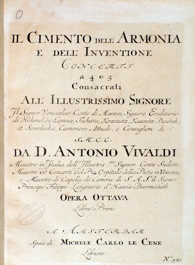 Frontyspis partytury muzycznej skrzypiec w koncercie V w Próbie harmonii i inwencji włoskiego kompozytora Antonio Vivaldi autorstwa Unknown artist