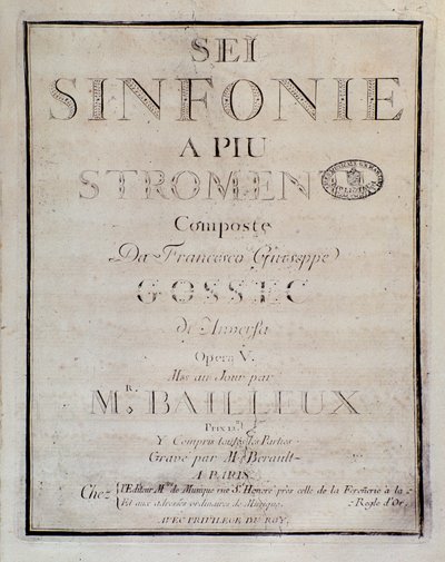 Frontyspis partytury do Sei sinfonie a piu strumenti op. 5 (pierwsza symfonia) Francois Joseph Gossec autorstwa Unknown artist