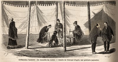 Uroczystości pogrzebowe: po spaleniu zbieranie szczątków. Rycina ilustrująca podróż do Japonii w latach 1863-1864, autorstwa Aime Humberta, ministra Konfederacji Szwajcarskiej, w „Le tour du monde, nouveau journal des voyages”, wydanej pod kierunkiem autorstwa Unknown artist