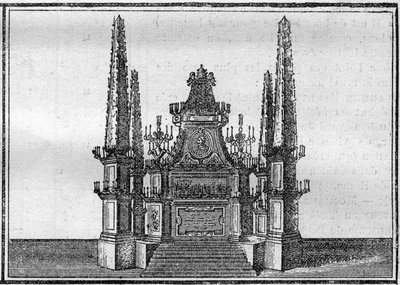 Pogrzeb papieża w XVIII wieku: katafalk zmarłego papieża. Grawerowanie w „Histoire des religions””. autorstwa Unknown artist