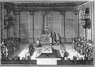 Pogrzeb papieża w XVIII wieku: ceremonia obseque. Grawerowanie w „Histoire des religions””. autorstwa Unknown artist