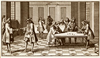 Pokój gier w XVIII wieku - Grawerowanie autorstwa Sebastiena Le Clerc w „Essay d