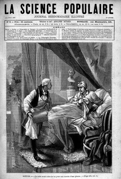 Georges Louis Leclerc Buffon w swoim łóżku, dolina rzucająca w niego wiadro lodowatej wody. W „Popularna nauka”, 15 kwietnia autorstwa Unknown artist