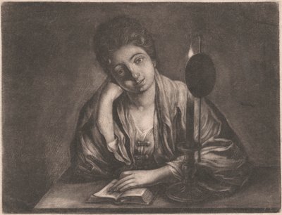 Dziewczyna czytająca przy świecach autorstwa Unknown artist