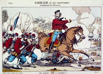 Giuseppe Garibaldi (1807-1882) walczący ze swoimi ochotnikami przeciwko Prusom. „Naprzód, niech żyje Francja” Około 1871 r. Grawerowanie B.N. Paryż autorstwa Unknown artist