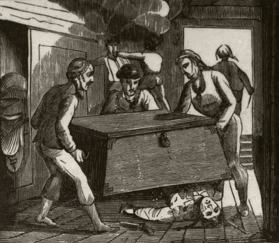 „Gordon i jego towarzysze dociskają do śmierci francuskiego kapitana wielką skrzynią”, ok. 1836 r. autorstwa Unknown artist