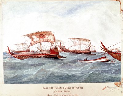 Okręty wojenne greckie i etruskie (akwarela autorstwa Unknown artist