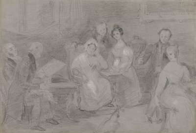 Grupa postaci, z mężczyzną malującym akwarelami i dziewczyną podającą filiżanki herbaty autorstwa Unknown artist