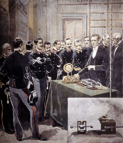 Guglielmo Marconi zaprezentował telegraf bezprzewodowy (TSF) na konferencji w Ministerstwie Marynarki Wojennej w 1897 roku. autorstwa Unknown artist