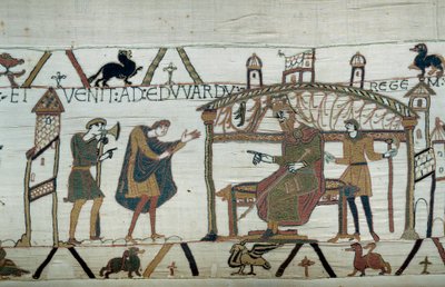 Harold, który wrócił do Anglii, po swojej ambasadzie u księcia Wilhelma Zdobywcy (1027-1087), wyrecytował swoją podróż do króla Edwarda Wyznawcy Detal gobelinu z Bayeux lub haftu królowej Matyldy autorstwa Unknown artist