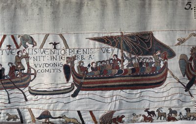 Porwany przez burzę statek Harolda II (1022 - 1066) utknął na wybrzeżu Ponthieu - Gobelin z Bayeux, znany jako Haft Królowej Matyldy autorstwa Unknown artist