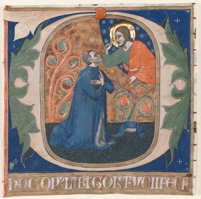 Historyczny inicjał (O) wycięty z antyfonarza: Donor Gorus Fucci klęka przed Chrystusem autorstwa Unknown artist