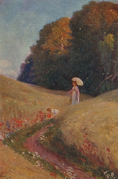 Historyczna kartka z życzeniami po obrazie Matka i córka spacerujące po łące kwiatowej autorstwa Unknown artist