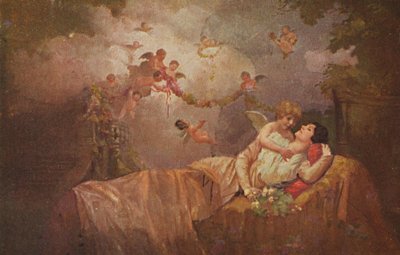 Historyczna kartka okolicznościowa z aniołami przynosząca kobiecie szczęście, kiczowato-romantyczna autorstwa Unknown artist
