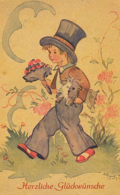 Historyczna pocztówka z chłopcem z bukietem kwiatów i małym psem, kartka z życzeniami autorstwa Unknown artist