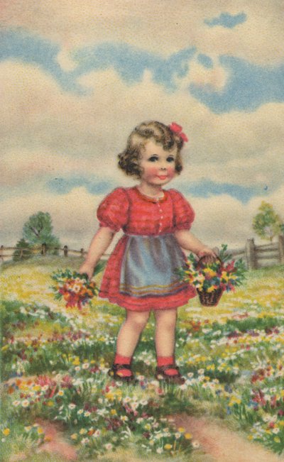 Historyczna pocztówka z szczęśliwą dziewczyną na łące, kartka z życzeniami autorstwa Unknown artist