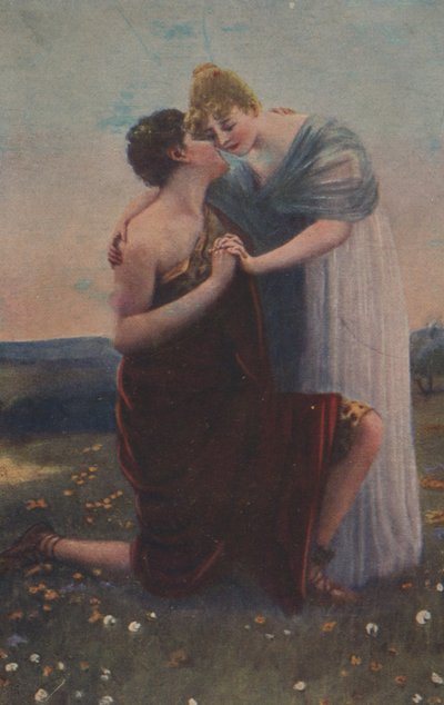 Historyczna kartka okolicznościowa z motywem historycznym, kobietą i wojownikiem średniowiecza autorstwa Unknown artist