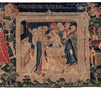 Historia św. Piata i św. Eleuthere, Scena 13: chrzest Blandy (Jak dobrzy święci ochrzcili trybunę córkę, która zbierała fundusze przez bardzo wielką tajemnicę: Blande, która była matką dobrego świętego). autorstwa Unknown artist