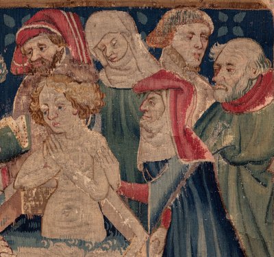Historia św. Piata i św. Eleuthere, Scena 13: chrzest Blandy (Jak dobrzy święci ochrzcili trybunę córkę, która zbierała fundusze przez bardzo wielką tajemnicę: Blande, która była matką dobrego świętego). Szczegół. autorstwa Unknown artist