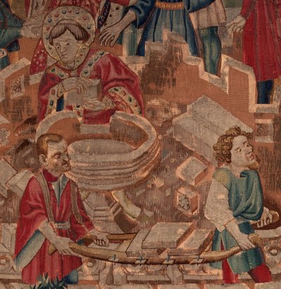 Historia św. Piata i św. Eleutery, scena 5, detal. Poł. Święty, murarze i chrzcielnica. autorstwa Unknown artist