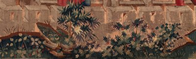 Historia św. Piata i św. Eleuthere, scena 5 Szczegóły po lewej poniżej. Mury miejskie i krzewy. autorstwa Unknown artist