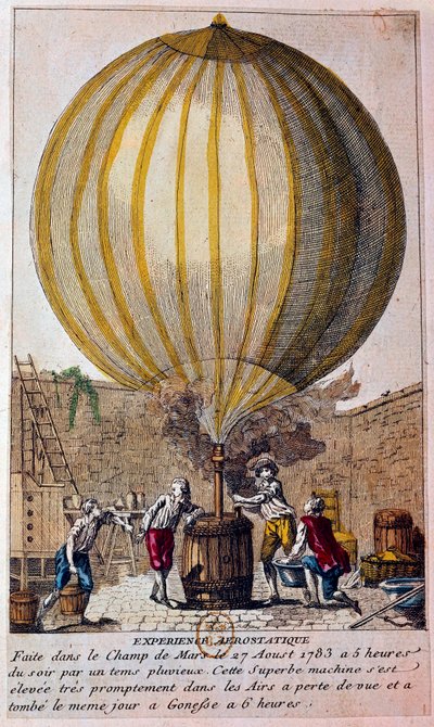 Historia balonów: doświadczenie aerostatyczne przeprowadzone na Polach Marsowych w Paryżu 27.08.1783: balon jest wypełniony gazem hydrogenicznym przez Jacquesa Charlesa (1746-1823). Rycina XVIII-wiecznego Paryża, B.N. autorstwa Unknown artist