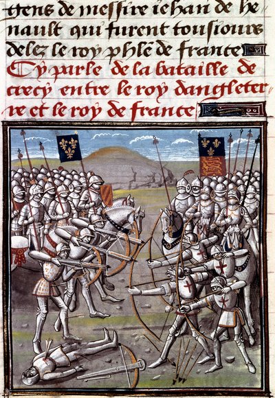 Wojna stuletnia: bitwa pod Crecy 26.08.1346 pomiędzy Francuzami i Anglikami. Miniatura z Kronik Jeana Froissarta (1337-1400) autorstwa Unknown artist
