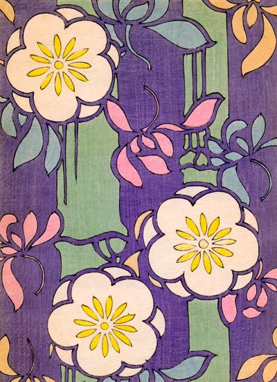 Ilustracja kwiatów na lawendowym i zielonym tle autorstwa Unknown artist