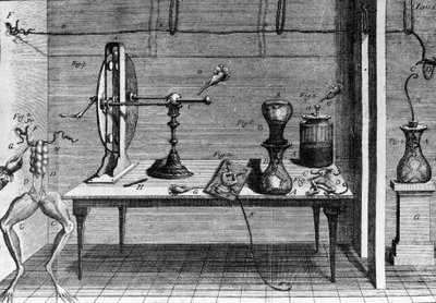 Ilustracja eksperymentów Luigiego Galvani, włoskiego fizyka i lekarza (1737 - 1798) wyjaśniających przepływ prądu elektrycznego poruszającego nogami żaby. autorstwa Unknown artist
