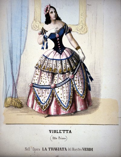 Ilustracja postaci Violetty Valéry w „Traviacie” Giuseppe Verdiego. Rycina XIX wieku. autorstwa Unknown artist